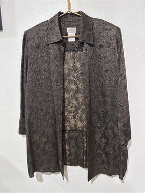 Koret Brown Floral Jacquard Open Front Jacket Blouse Size 14 Vintage